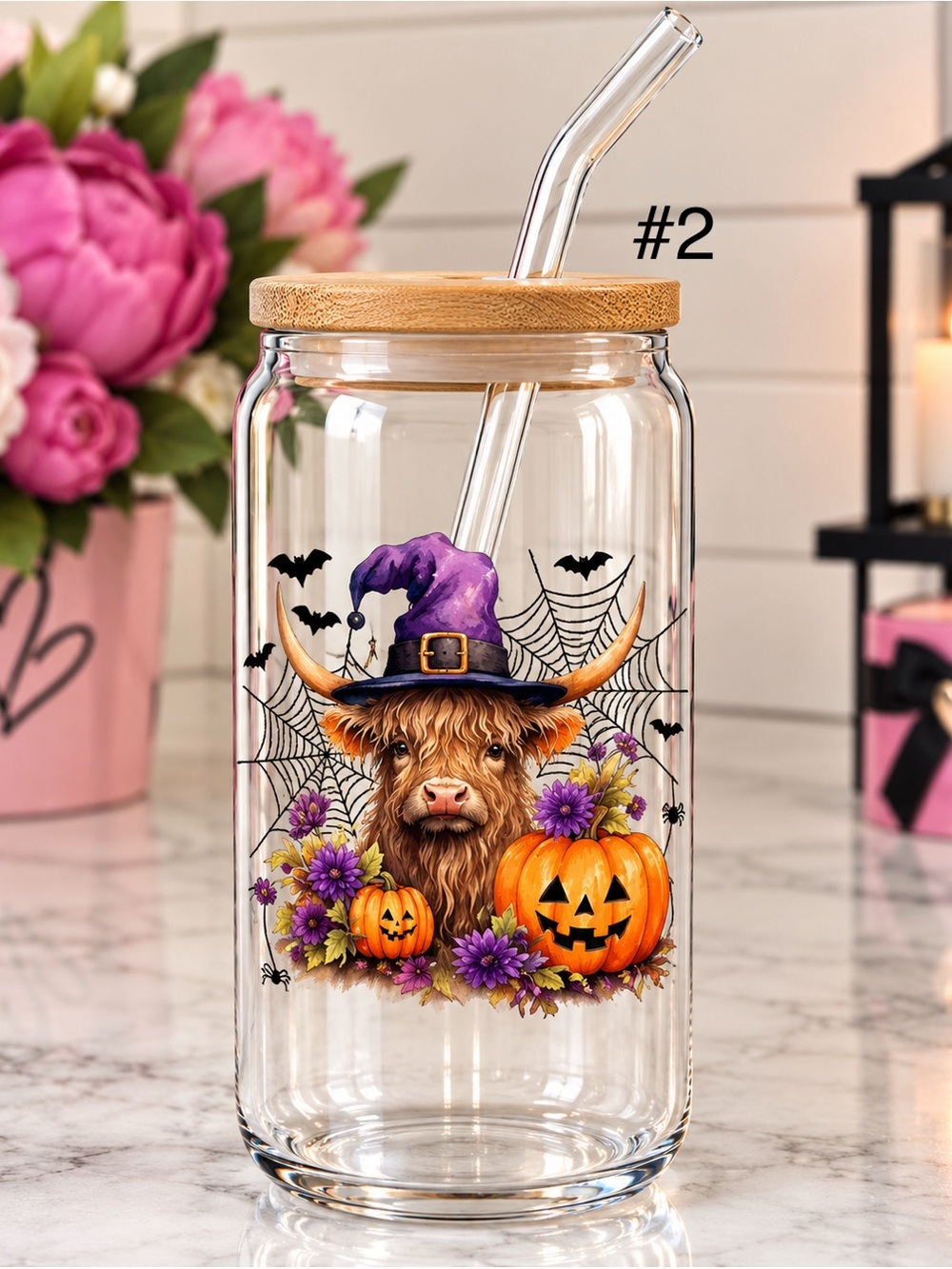 Buy now* 16 ounce glass tumbler with bamboo lid and straw - Picture 2 of 6